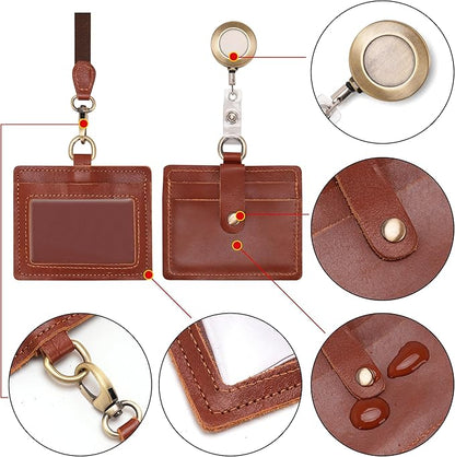 Wonderpool Leather Horizontal Badge Holder with Detachable Neck Lanyard and Retractable Badge Reel Clip, Card Slots Case ID Card Holder for ID Badges Card and Driver Licence (Red Brown)
