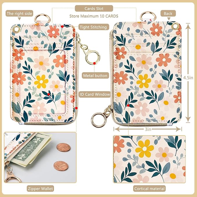 2-in-1 Cute Lanyard Wallet & ID Badge Holder for Women, Leather ID Name Badge Card Holder with Zip ID Case Breakaway Wristlet & Neck Lanyard for Offices, Teacher, Students, Employees (Florals)