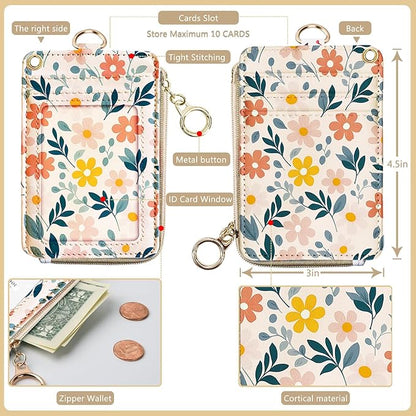 2-in-1 Cute Lanyard Wallet & ID Badge Holder for Women, Leather ID Name Badge Card Holder with Zip ID Case Breakaway Wristlet & Neck Lanyard for Offices, Teacher, Students, Employees (Florals)
