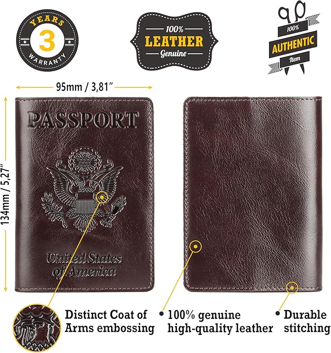 Shvigel US Leather Passport Book Cover - Thin American Travel Passport Holder - Premium International USA Passport Protector Case for Women Men (Glossy Brown)