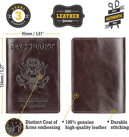 Shvigel US Leather Passport Book Cover - Thin American Travel Passport Holder - Premium International USA Passport Protector Case for Women Men (Glossy Brown)