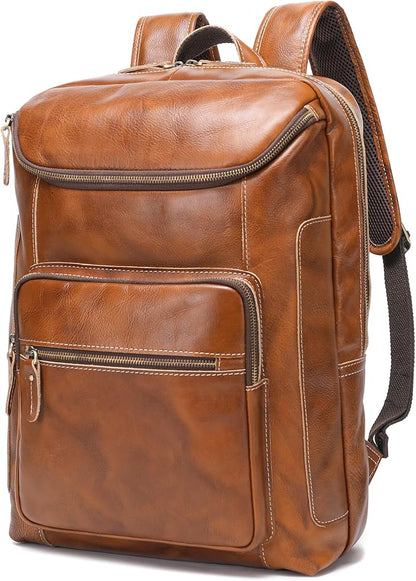LANNSYNE Vegetable Tanned Leather Backpack For Men, 17" Laptop Backpack, Casual Outdoor Business Travel Rucksack, YKK Zippers
