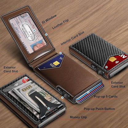 Genuine Leather Wallet for Men Slim Magnetic Flip Bifold with Money Clip and Metal Card Case Holds 9 Cards Ideal for Gifts and Daily Use (Black)