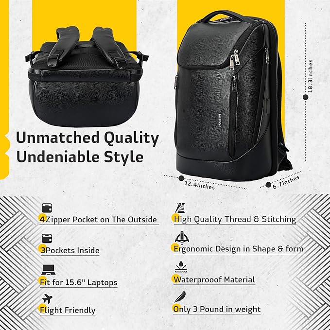 LENZN Durable Leather Laptop Business Backpack Perfect for Men & Women, Work Backpack Fits 15.6 Inch, Premium Quality Travel Bag with USB Charging Port, Water-Resistant, Bookbag with Multiple Pockets