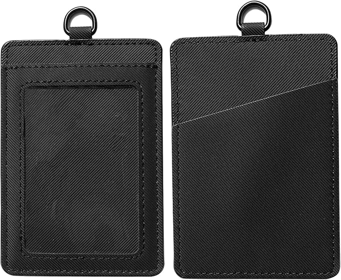 Leather Badge Holder, Vertical ID Card Holder with Clear Window, 2 Elastic Card Slots & Detachable Lanyard for Offices, Schools (Black-Twill)