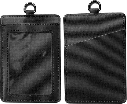 Leather Badge Holder, Vertical ID Card Holder with Clear Window, 2 Elastic Card Slots & Detachable Lanyard for Offices, Schools (Black-Twill)