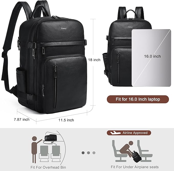 Travel Backpack for Women and Men, Fits 17.0" Laptop, Stylish Lay-Flat Carry-on Vegan Leather Backpack with Luggage Strap for Travel and Daily Use