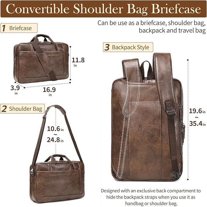 Faux Leather Messenger Bag for Men 17-17.3 Inch: Convertible 3 in 1 Backpack Laptop Bag Briefcase Computer Handbags Shoulder Crossbody Bag with Padded Laptop Sleeve for Work College Travel, PU Coffee