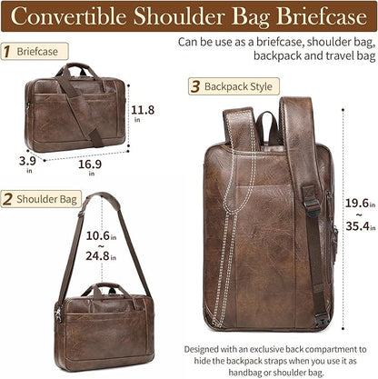 Faux Leather Messenger Bag for Men 17-17.3 Inch: Convertible 3 in 1 Backpack Laptop Bag Briefcase Computer Handbags Shoulder Crossbody Bag with Padded Laptop Sleeve for Work College Travel, PU Coffee