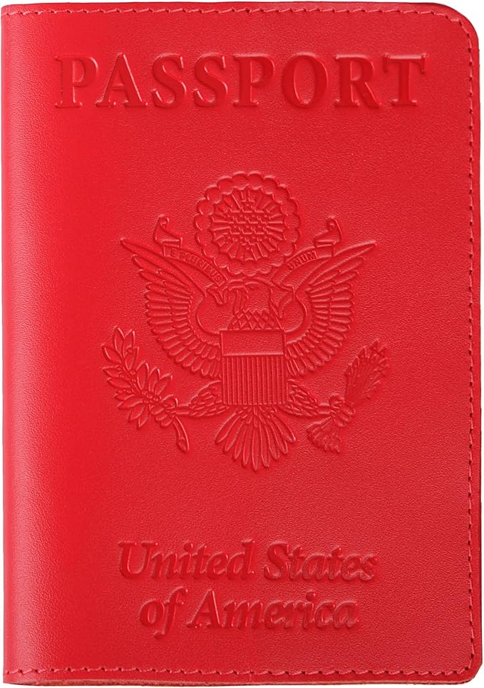 Shvigel US Leather Passport Book Cover - Thin American Travel Passport Holder - Premium International USA Passport Protector Case for Women Men (Red)