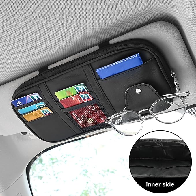 Car Sun Visor Organizer, Sunglass Holder and Storage Pocket, Card Cash Pouch with Multi-Pocket Net Zipper, Case Bag for License Pen Key, Auto Accessories for Truck, SUV, Van (Black)