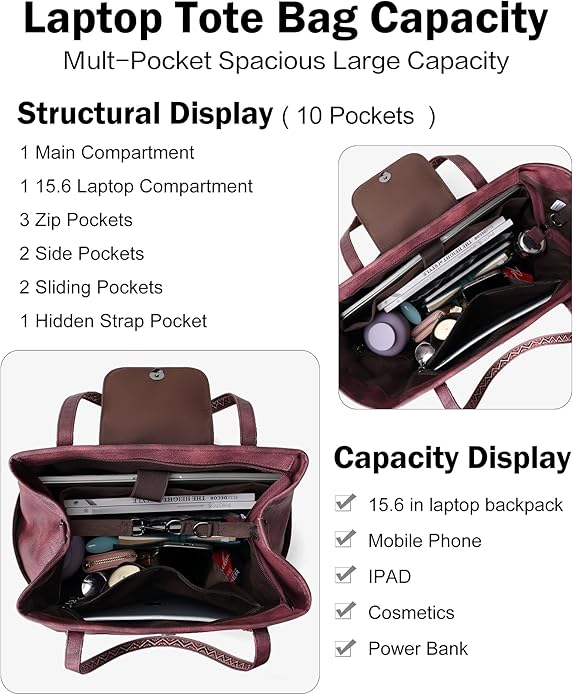 FADEON Large Laptop Tote Bag for Women Designer Leather Laptop Bag Fashion Travel Backpack Purse Shoulder Handbag