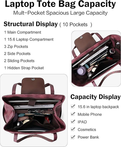 FADEON Large Laptop Tote Bag for Women Designer Leather Laptop Bag Fashion Travel Backpack Purse Shoulder Handbag