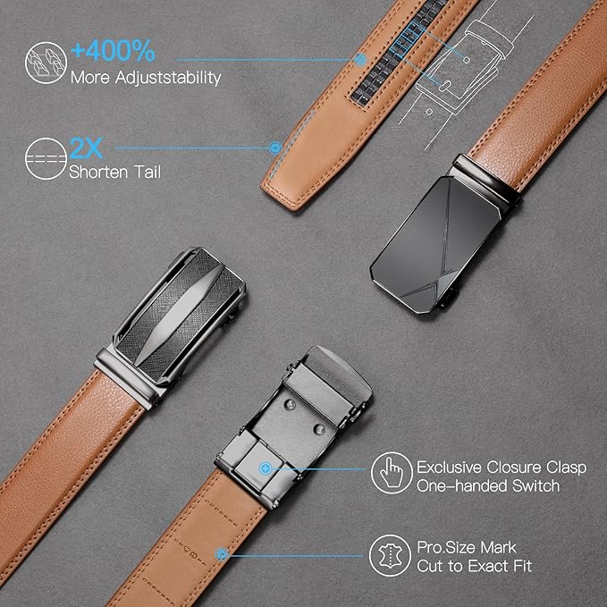 SENDEFN Men's Leather Belt Automatic Ratchet Buckle Slide Belt for Dress Casual Trim to Fit with Gift Box