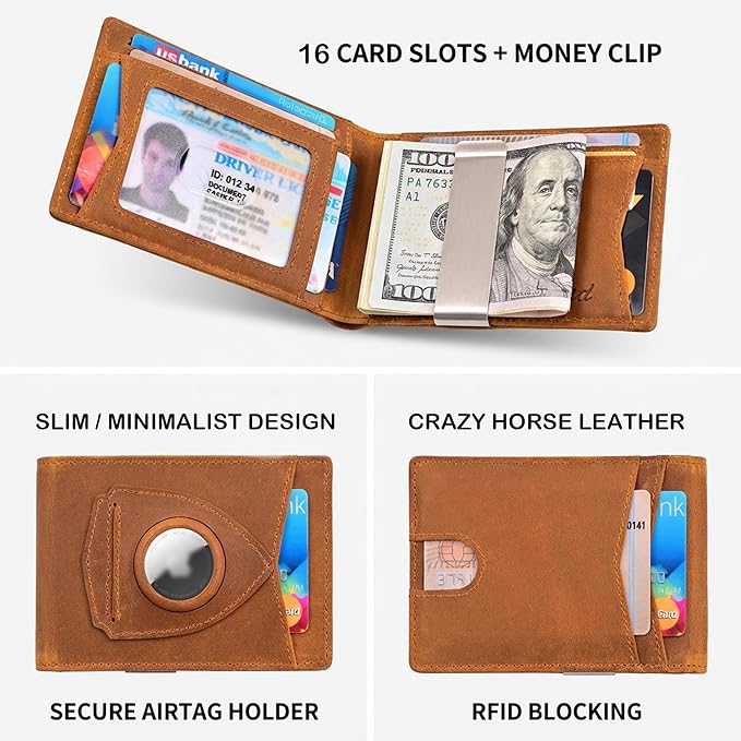 kinzd Slim Wallet with Money Clip RFID Blocking Minimalist Bifold Wallet for Men Genuine Leather Front Pocket Card Holder