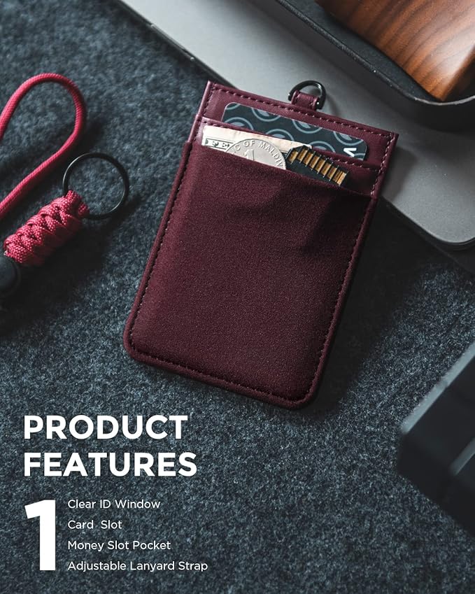 VULKIT ID Badge Holder with Lanyard for Women and Men Vertical Leather Badge Holder with Clear ID Window Card Holder Slot and Money Pocket Wine