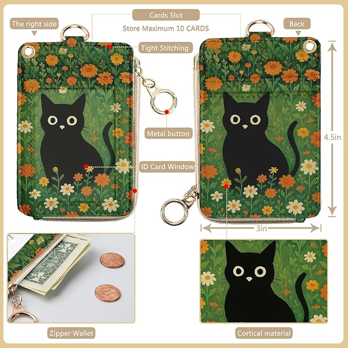 bolimoss Black Cat Lanyard Wallet with ID Badge Holder Cute Daisy Small Zipper Credit Card Holders with Breakaway Wristlet & Neck Lanyard, RFID Leather ID Name Badg for Teacher Nurse Women Work