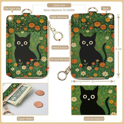 bolimoss Black Cat Lanyard Wallet with ID Badge Holder Cute Daisy Small Zipper Credit Card Holders with Breakaway Wristlet & Neck Lanyard, RFID Leather ID Name Badg for Teacher Nurse Women Work