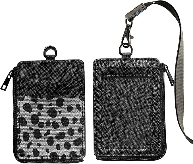 2-in-1 ID Badge Holder & Elastic Card Holder Wallet,Minimalist Men & Women Zip Card Holder Wallet with Neck Lanyard,3 Card Slots and 1 Side Zipper Pocket (Black-Cow)