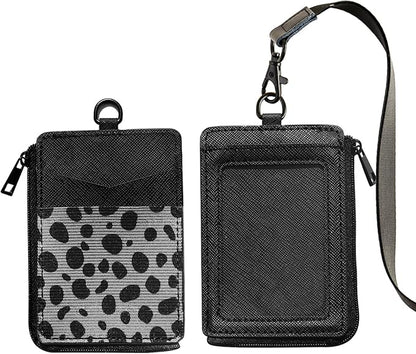 2-in-1 ID Badge Holder & Elastic Card Holder Wallet,Minimalist Men & Women Zip Card Holder Wallet with Neck Lanyard,3 Card Slots and 1 Side Zipper Pocket (Black-Cow)