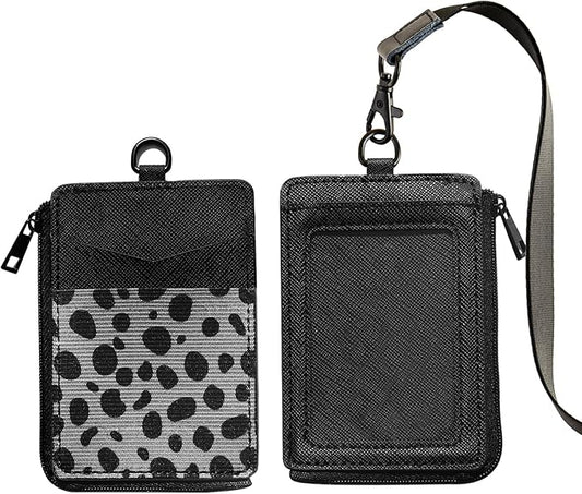 2-in-1 ID Badge Holder & Elastic Card Holder Wallet,Minimalist Men & Women Zip Card Holder Wallet with Neck Lanyard,3 Card Slots and 1 Side Zipper Pocket (Black-Cow)