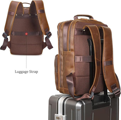 Polare 17.3 Inch Full Grain Leather Backpack for Men and Women Multi Pockets Business Travel Laptop Rucksack (Light Brown)