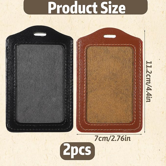 2 Pack Vertical Leather ID Badge Holder, Double-Sided Clear Window Card Protector Pouch, Waterproof Name Badge Holder for Office Staff Students School ID Credit Cards, Black Brown