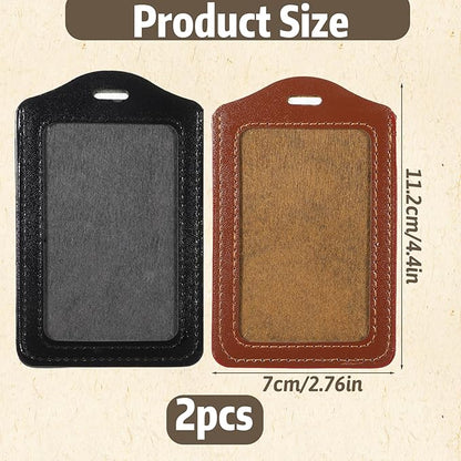 2 Pack Vertical Leather ID Badge Holder, Double-Sided Clear Window Card Protector Pouch, Waterproof Name Badge Holder for Office Staff Students School ID Credit Cards, Black Brown