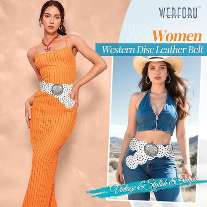 WERFORU Women Vintage Leather Belt Western Disc Waist Belts Ladies Western Belt Boho Belt for Dress Jean-