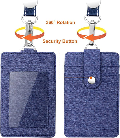 Life-Mate Badge Holder - Leather ID Badge Card Holder Wallet Case with 3 Cards Slot and Neck Lanyard/Strap. Additional Retractable Badge Reel with Belt Clip (Dark Blue, Linen Finish)