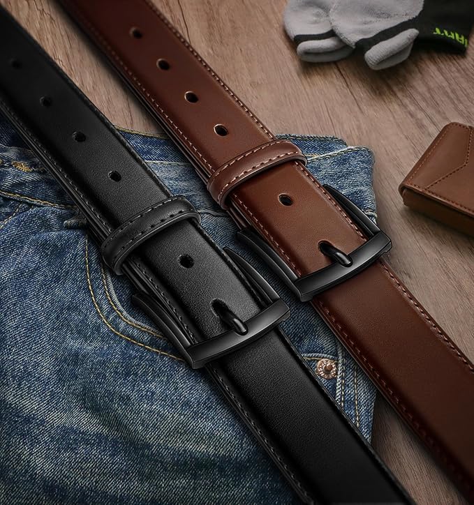BULLIANT Men Belt 2Pack-Leather Belt 7Holes Comfortable For Men's Dress Casual Jeans 1 3/8"