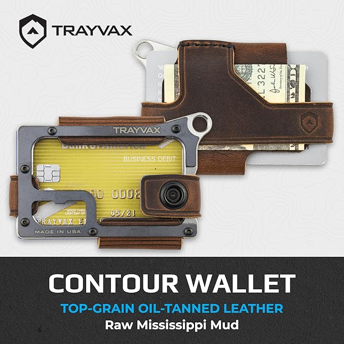Trayvax Contour Wallet, RFID Front Pocket Money and Credit Card Holder, Minimalist Slim Leather Metal Wallet for Men and Women, Raw Mississippi Mud