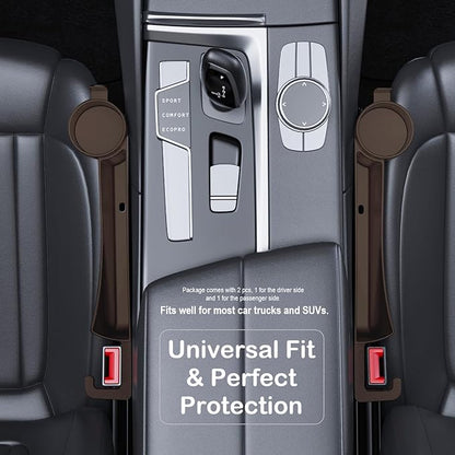 Car Seat Gap Plug with Storage Slot, Auto Gap Filler Organizer with Cup Holder, Universal Carseat Side Gap Filler Strip 2 Pack Between Front Seats & Console, Anti-Drop Pad with Seatbelt Holes, Brown