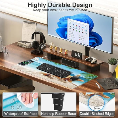 Wireless Charging Mouse Pad, 31.5"x15.8" Large Gaming Desk Mat for Keyboard/Laptop, Waterproof Ultra-Smooth Surface, Non-Slip Base, with 20W PD Adapter, Summer Beach