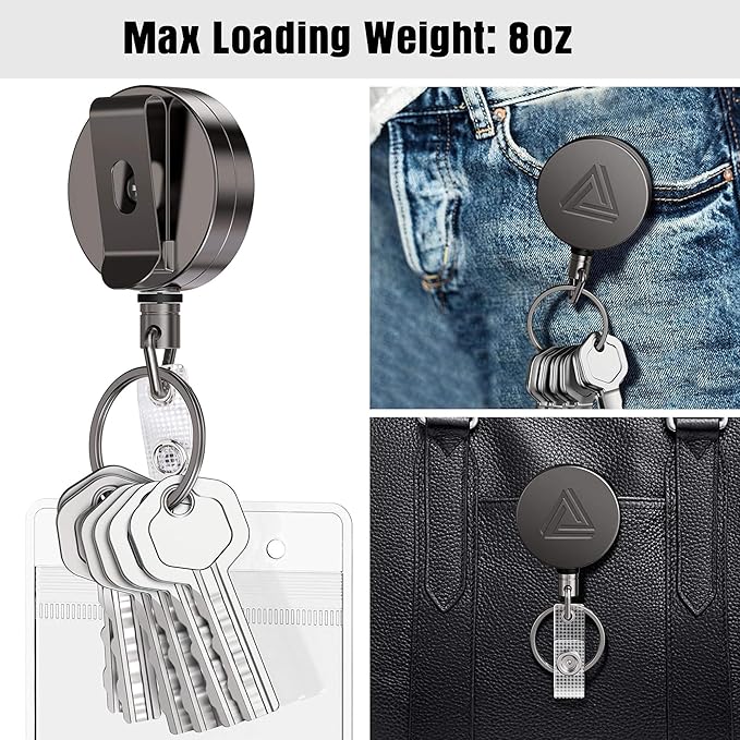 2 Pack Heavy Duty Metal Retractable Badge Holder Reel with Belt Clip Key Ring and Waterproof Vertical Clear ID Card Holder + 2 Extra Carabiner Key Chain Rings, 30 inches Strong Dyneema Pull Cord