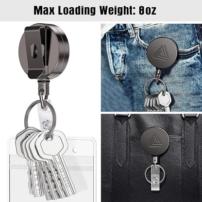 2 Pack Heavy Duty Metal Retractable Badge Holder Reel with Belt Clip Key Ring and Waterproof Vertical Clear ID Card Holder + 2 Extra Carabiner Key Chain Rings, 30 inches Strong Dyneema Pull Cord