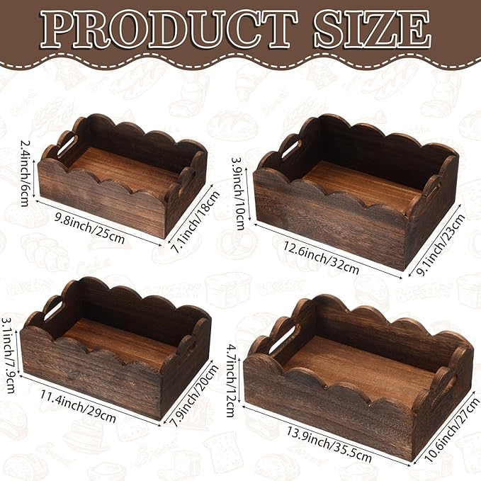 Beeveer 4 Pcs Scalloped Baskets with Handle 4 Size Wooden Countertop Storage Box Multipurpose Fruit Vegetable Crate Rectangular Decorative Serving Tray Organizer for Kitchen Bathroom Home Decor(Brown)