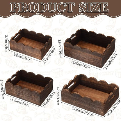 Beeveer 4 Pcs Scalloped Baskets with Handle 4 Size Wooden Countertop Storage Box Multipurpose Fruit Vegetable Crate Rectangular Decorative Serving Tray Organizer for Kitchen Bathroom Home Decor(Brown)