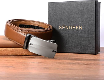 SENDEFN Men's Leather Belt Automatic Ratchet Buckle Slide Belt for Dress Casual Trim to Fit with Gift Box