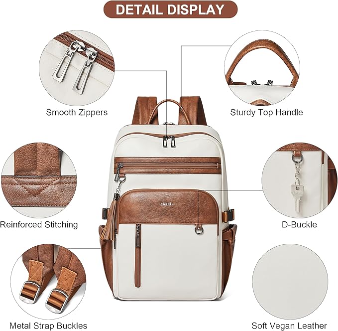 Shrrie Vegan Leather Laptop Backpack for Women,17 Inch Computer Backpack Purse for Work Business College Travel Teacher Nurse with Anti-theft Pocket & Giant Tumbler Holder Pocket,Beige with Brown