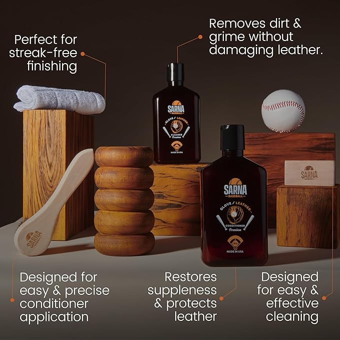 SARNA BASEBALL Glove Maintenance Kit, 5-Piece – Clean, Soften, & Break in Gloves Faster – Baseball Glove Cleaner, Conditioner, Brushes & Microfiber Cloth – Trusted Leather Cleaner and Conditioner Kit