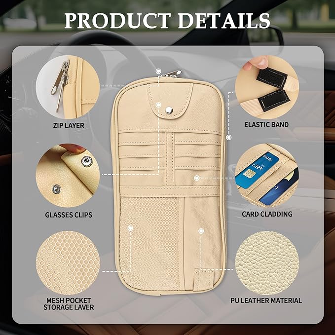 Upgrade Car Visor Organizer,Multipurpose Car Sun Visor Organizer with Sunglasses Holder for CCar Storage Bank Cards,Driver's License,PU Leather Truck VVisor Organizers for Most Vehicles (Beige)