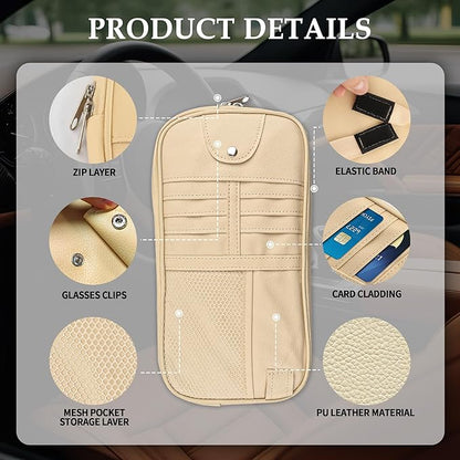 Upgrade Car Visor Organizer,Multipurpose Car Sun Visor Organizer with Sunglasses Holder for CCar Storage Bank Cards,Driver's License,PU Leather Truck VVisor Organizers for Most Vehicles (Beige)