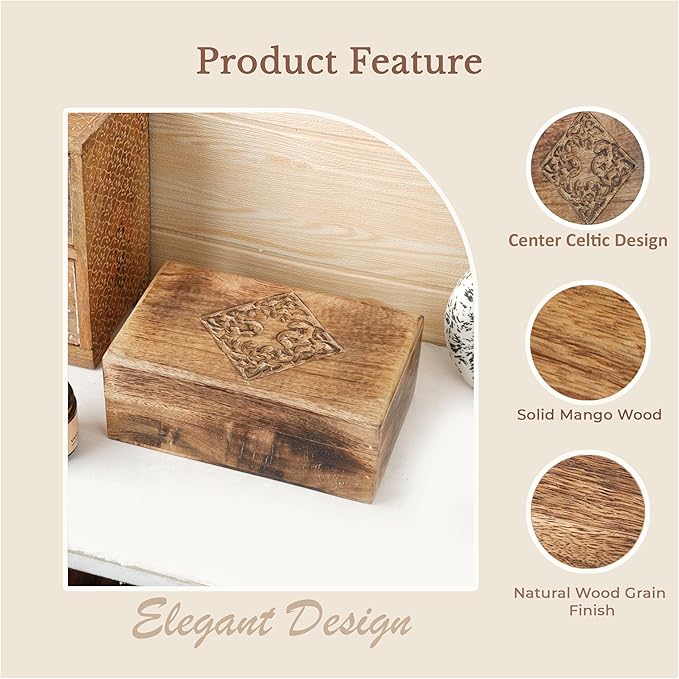 Ajuny Hand Carved Decorative Wooden Jewelry Box Celtic Centre Design Rustic Finish Keepsake Storage Travel Organizer Treasure Chest Trinket Holder Great for Gifts