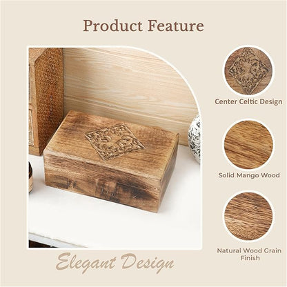 Ajuny Hand Carved Decorative Wooden Jewelry Box Celtic Centre Design Rustic Finish Keepsake Storage Travel Organizer Treasure Chest Trinket Holder Great for Gifts