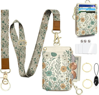 ID Badge Holder with Lanyard,Vintage Floral Art PU Leather Lanyard with Wallet with ID Badge Holder Wallet for Office, School, Teachers, Nurses, Women