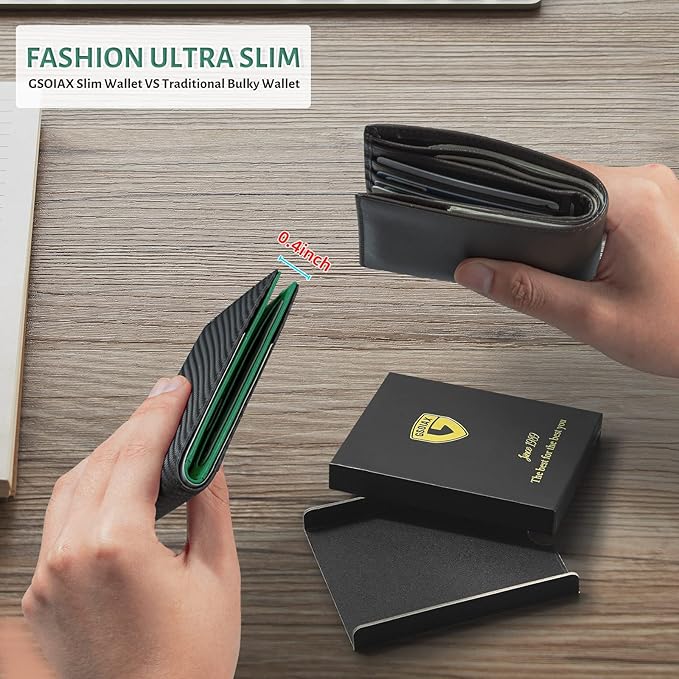 GSOIAX Slim Leather RFID Bifold Wallet for Men with Money Clip and 12 Credit Card Holders, Carbon Green