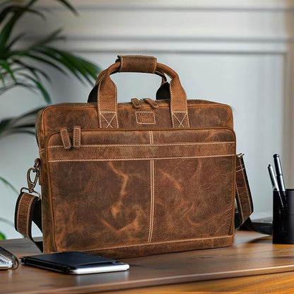 LEATHER VILLAGE 18" Leather Laptop Messenger Briefcase Bag for Men-Leather Satchel for Travel and Office Shoulder Bag- Sun Tan Brown