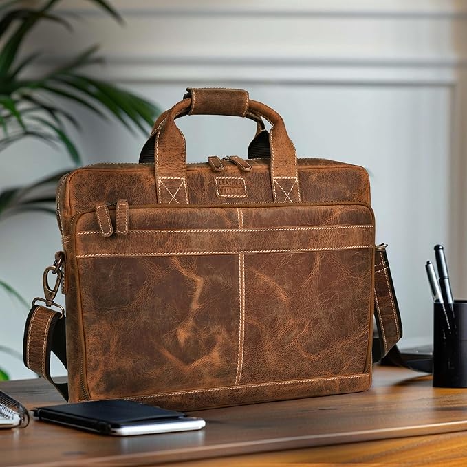 LEATHER VILLAGE 16" Leather Laptop Messenger Briefcase Bag for Men-Leather Satchel for Travel and Office Shoulder Bag- Sun Tan Brown