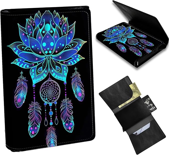 Blue Lotus Minimalist Wallet for Men, Pop Up Card Case Wallet for Women, PU Leather Automatic Credit Card Holder Metal Money Clip Wallet RFID Blocking Bifold Pocket Wallet